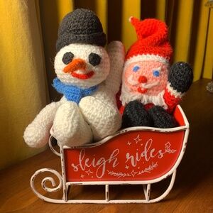 Vintage 14” Hand Knit Santa and Snowman Dolls